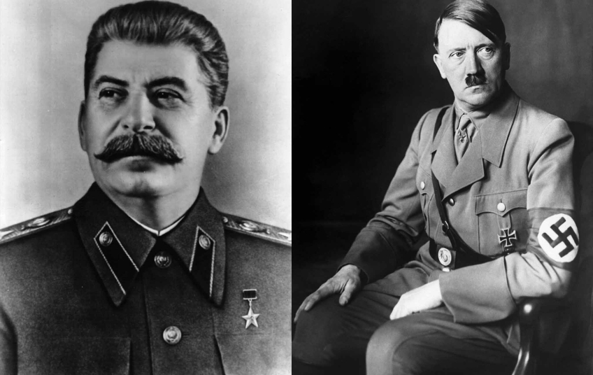 Portréty Josifa Stalina a Adolfa Hitlera jako představitelů Sovětského svazu a nacistického Německa před druhou světovou válkou