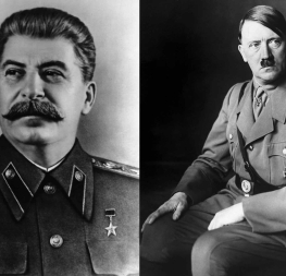 Portréty Josifa Stalina a Adolfa Hitlera jako představitelů Sovětského svazu a nacistického Německa před druhou světovou válkou