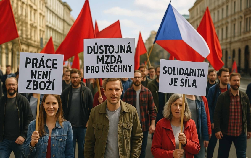 Svátek práce 2025: Průvod KSČM za práva pracujících a sociální spravedlnost, lidé s transparenty a červenými vlajkami na náměstí