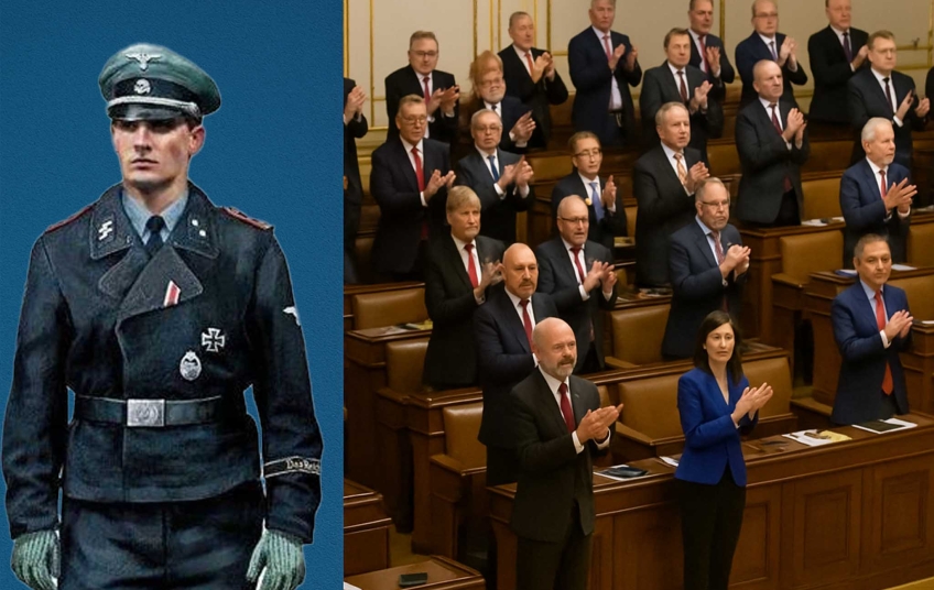 Symbolické zobrazení přepisování dějin – parlamentní poslanci tleskají, vedle nich stojí silueta esesáka na modrém pozadí.