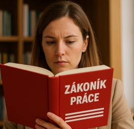 Žena čte červenou knihu s nápisem Zákoník práce – ilustrace k novele zákoníku práce 2025