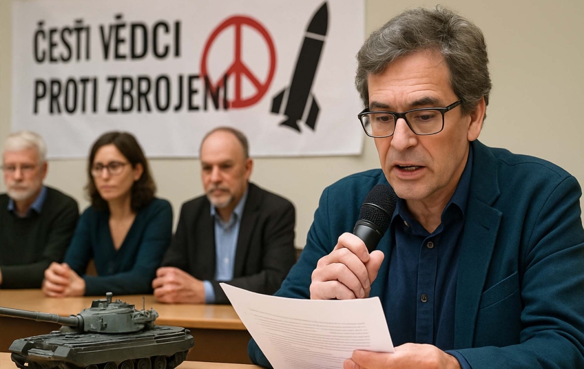 Ilustrační foto: tisková konference akademiků symbolizující iniciativu Vědci proti zbrojení. V popředí řečník, v pozadí banner s mírovým symbolem a modelem tanku.