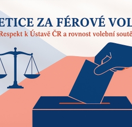 „Petice za férové volby – grafika s českou vlajkou, volební urnou a váhami spravedlnosti, výzva k respektu Ústavy ČR a rovnosti volební soutěže.