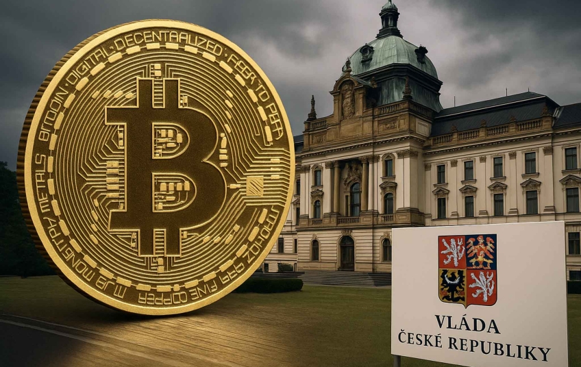 Ilustrační obrázek: symbol bitcoinu před budovou Úřadu vlády České republiky – vizuální ztvárnění kauzy spojené s vládou Petra Fialy.