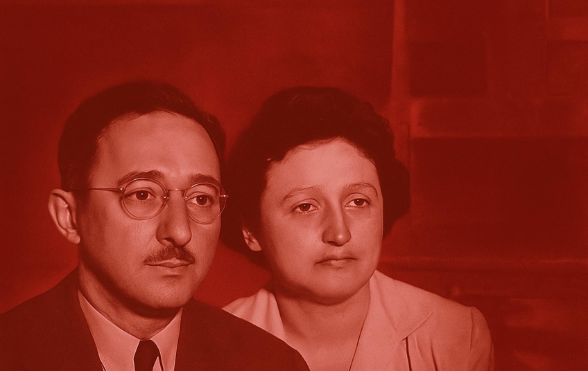 Poprava manželů Rosenbergových – historická fotografie z roku 1953 s portrétem Juliuse a Ethel v červeném tónování
