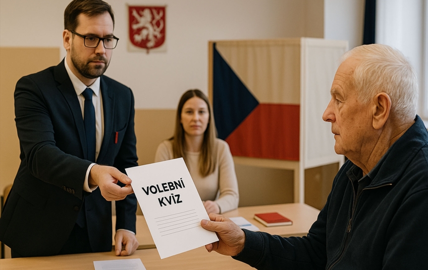 Omezení volebního práva – volební komisař předává seniorovi kvíz ve volební místnosti