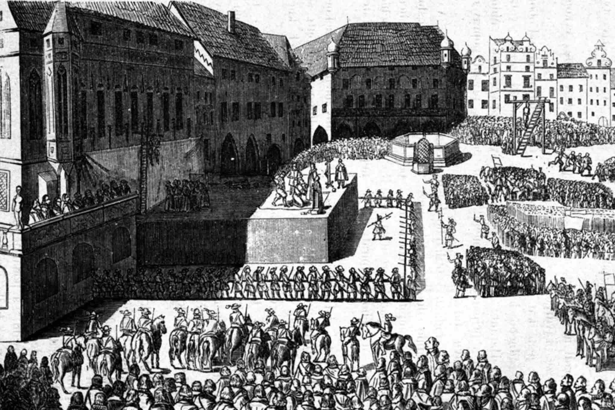 Poprava 27 českých pánů na Staroměstském náměstí, dobová ilustrace