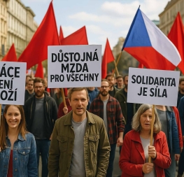 Svátek práce 2025: Průvod KSČM za práva pracujících a sociální spravedlnost, lidé s transparenty a červenými vlajkami na náměstí