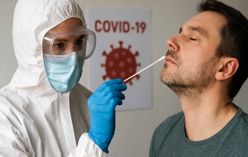 Zdravotník v ochranném obleku provádí výtěr z nosu muži během testování na COVID-19