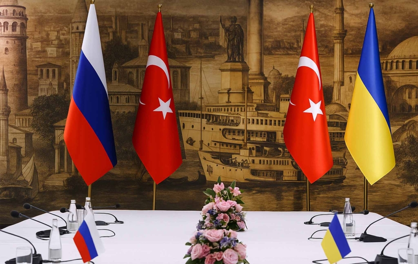 Vlajky Ruska, Turecka a Ukrajiny při mírových jednáních v Istanbulu v roce 2025 Vlajky Ruska, Turecka a Ukrajiny při mírových jednáních v Istanbulu v roce 2025