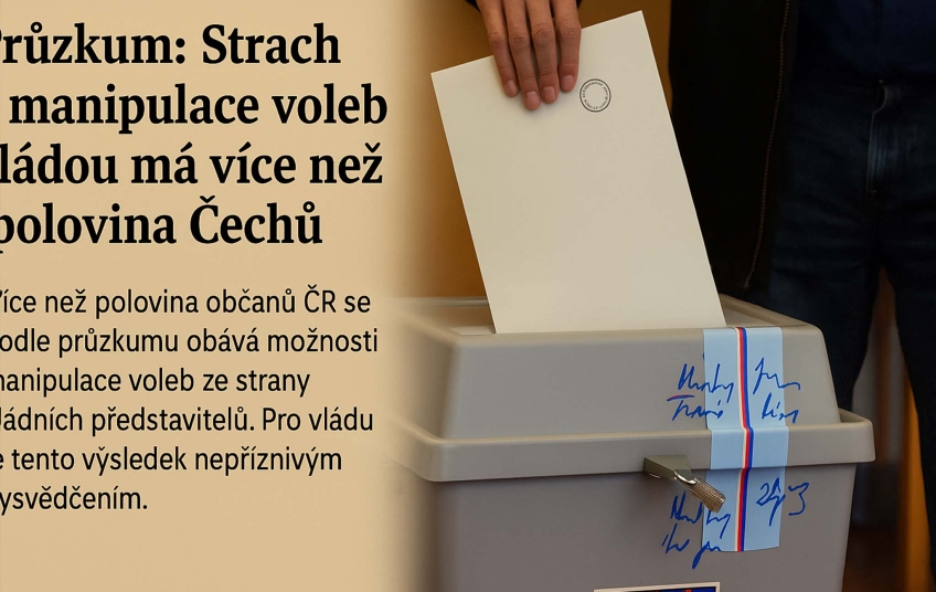 Více než polovina občanů ČR má obavy, že volby mohou být zmanipulovány současnou vládou. Ilustrační fotografie k výsledkům průzkumu o důvěře ve volební proces. Muž vhazuje hlasovací lístek do volební urny, vedle text o obavách z manipulace voleb vládou