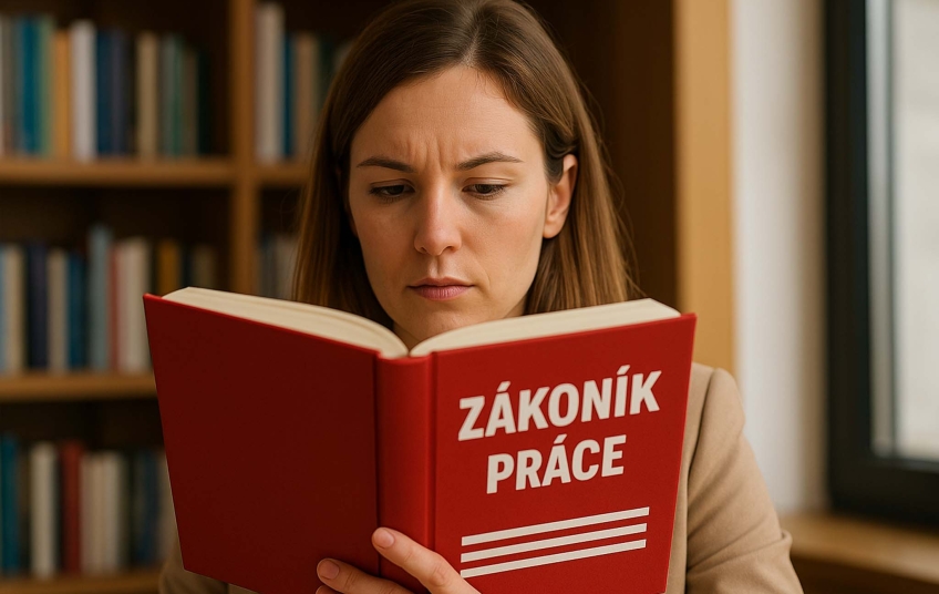 Ilustrační foto k novele zákoníku práce 2025. Od června vstoupí v platnost nové změny týkající se volna, výpovědí a pracovních podmínek. Žena čte červenou knihu s nápisem Zákoník práce – ilustrace k novele zákoníku práce 2025