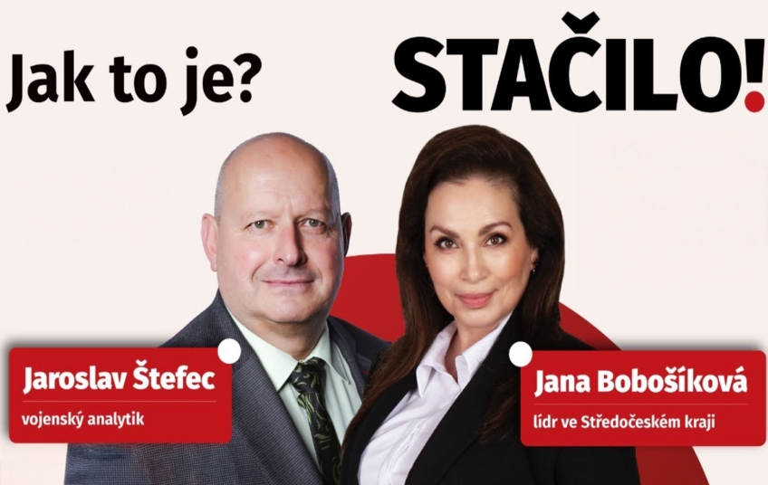 Jana Bobošíková a Jaroslav Štefec z hnutí Stačilo! na tiskové konferenci Hnutí Stačilo Jana Bobošíková Jaroslav Štefec na tiskové konferenci k bitcoinové kauze