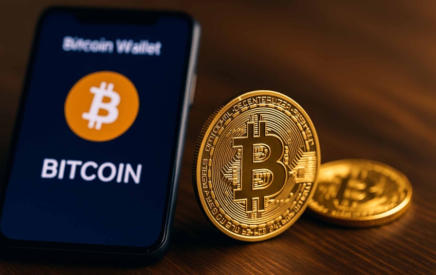 Ilustrace k článku Co je to bitcoin – fyzická mince s logem Bitcoinu a mobilní bitcoinová peněženka.