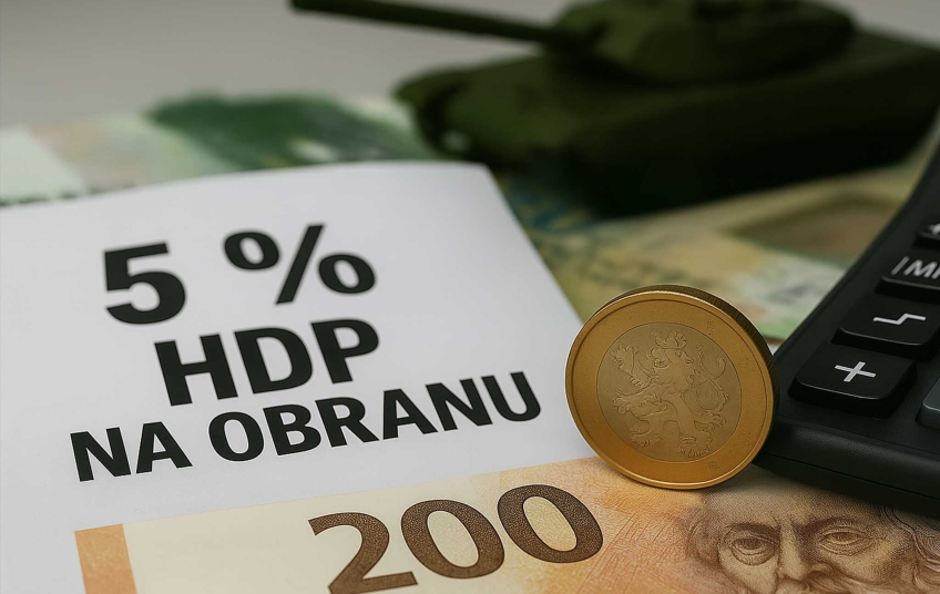 Ilustrační foto ke článku o 5 % HDP na obranu – česká dvousetkorunová bankovka, mince a kalkulačka před rozostřeným tankem jako symbol ekonomických dopadů obranných výdajů.