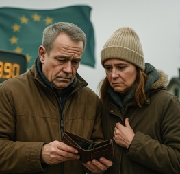 Starší manželský pár se smutně dívá do prázdné peněženky před drahou čerpací stanicí – symbol dopadů systému Emisní povolenky ETS 2 na domácnosti.