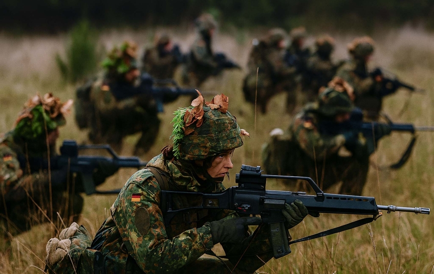 Německá militarizace v praxi – němečtí vojáci Bundeswehru při polním cvičení se zbraněmi G36