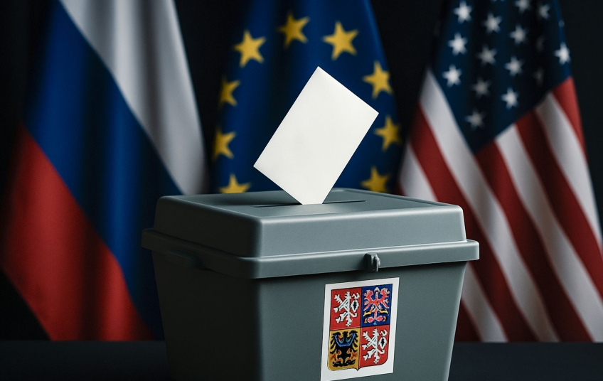 Volební průzkumy: Česká hlasovací urna s lístkem, v pozadí vlajky Ruska, EU a USA jako symbol možného ovlivnění voleb