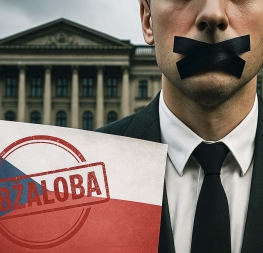 Kriminalizace opozice – umlčený politik před parlamentem s českou vlajkou a razítkem obžaloba