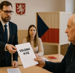 Omezení volebního práva – volební komisař předává seniorovi kvíz ve volební místnosti