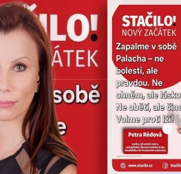 Petra Rédová s volebním sloganem o Palachovi: Zapalme v sobě Palacha – ne bolestí, ale pravdou. Ne ohněm, ale láskou. Ne obětí, ale činem.
