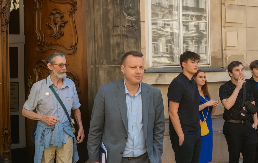 Odsouzení Zdeňka Vydry – Jindřich Rajchl s podporovateli před soudní budovou