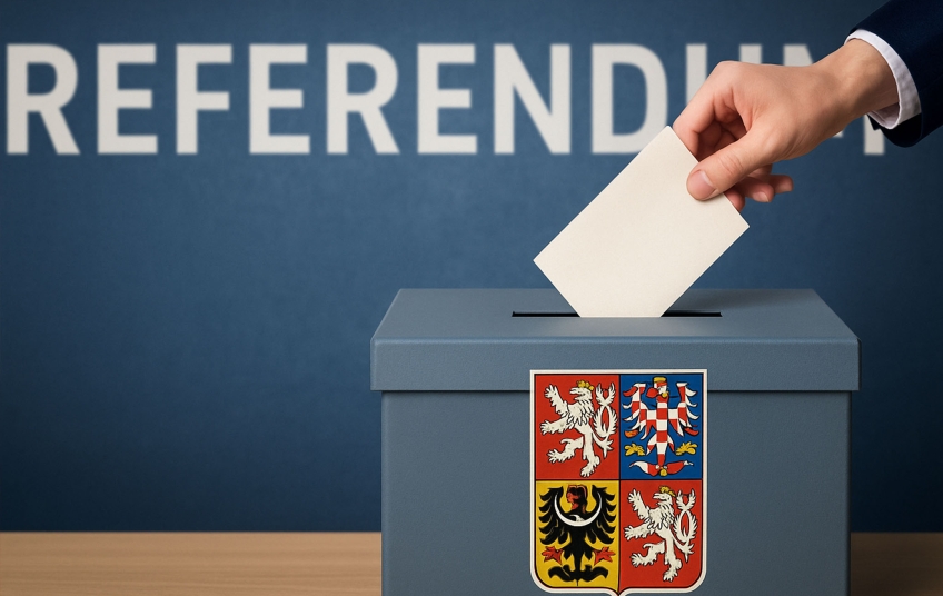Referendum: Volební urna s českým znakem, do které ruka vkládá lístek při referendu, v pozadí nápis REFERENDUM.