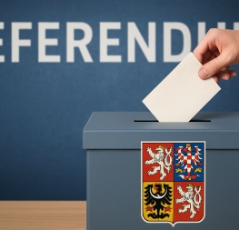 Referendum: Volební urna s českým znakem, do které ruka vkládá lístek při referendu, v pozadí nápis REFERENDUM.