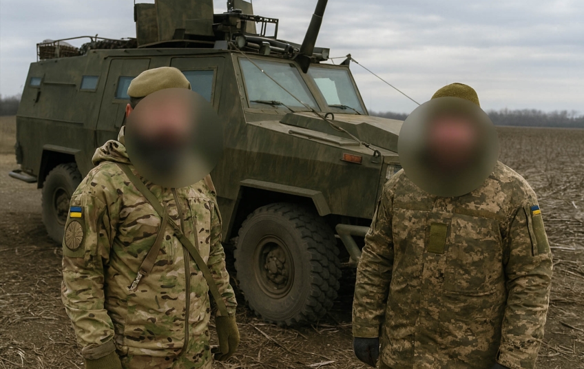 Nábor českých žoldáků na Ukrajině – dva vojáci v maskovacích uniformách před obrněným vozidlem