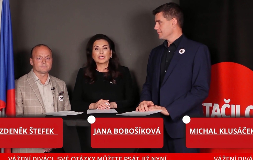 Tisková konference hnutí Stačilo! – Jana Bobošíková, Zdeněk Štefek a Michal Klusáček představují stanoviska k zahraniční politice, krizi připravenosti a volebním machinacím.