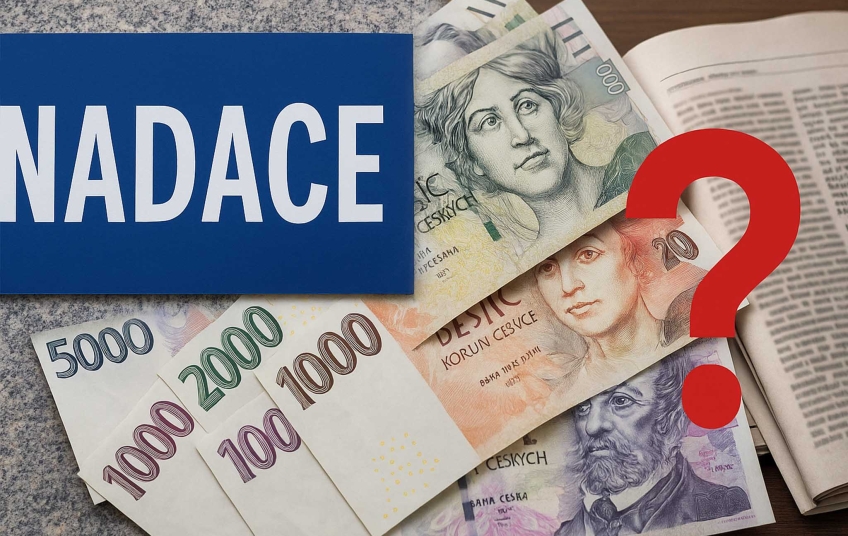 Koláž k tématu „nadace navázaná na KSČM a proruské zájmy“ – české bankovky, noviny a nápis Nadace jako symbol propojení peněz a médií.