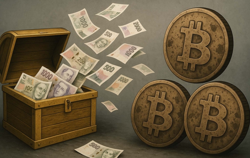 Ze státní pokladny s českým lvem vylétávají české bankovky a mince, zatímco zpět proudí špinavé bitcoiny – symbol bitcoinové kauzy Blažek