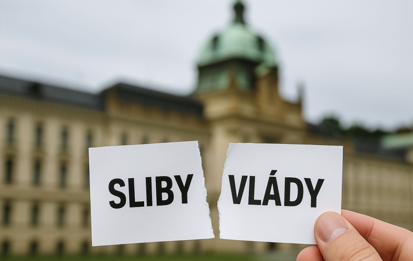 Roztrhaný papír s nápisem „Sliby vlády“ před budovou Strakovy akademie – symbol nesplněných slibů Petra Fialy.