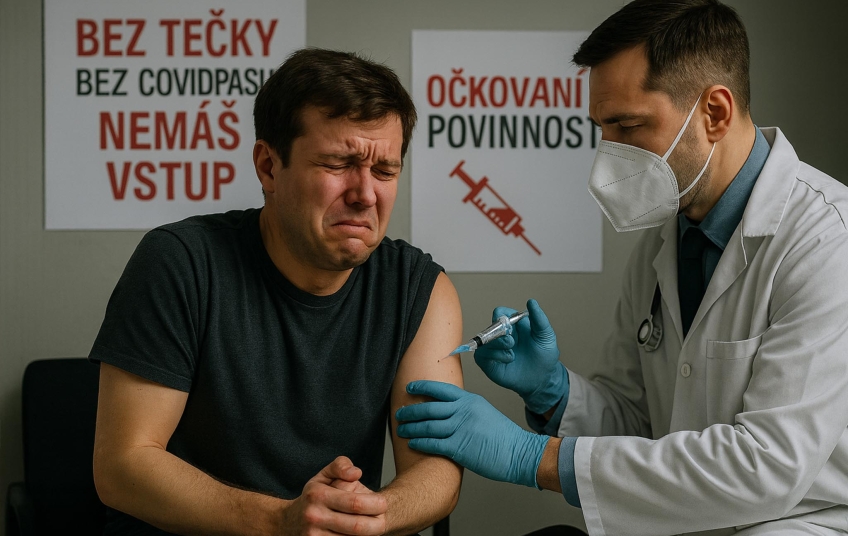 Pacient při očkování se vystrašeným výrazem, zdravotník připravuje injekci, v pozadí plakáty s nápisy Tečka a Covidpas symbolizují psychický nátlak