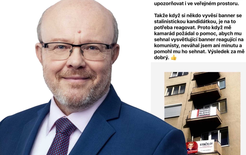 Vlastimil Válek a koláž s jeho facebookovým příspěvkem a banery na domě, ilustrační foto k článku Vlastimil Válek straší komunismem.