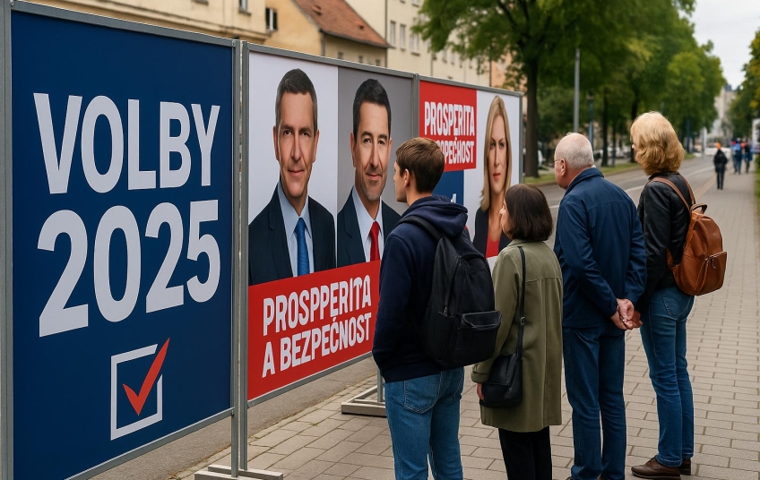 Lidé čtou volební plakáty v ulicích během volební kampaně 2025