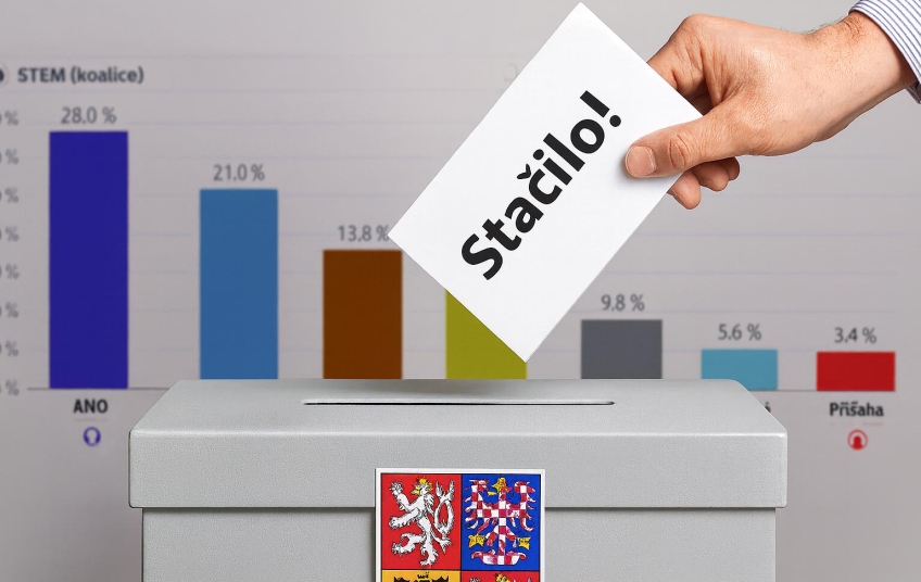 Ilustrační obrázek k článku Volební preference Stačilo! – graf volebních průzkumů, volební urna a ruka vhazující lístek s nápisem Stačilo!