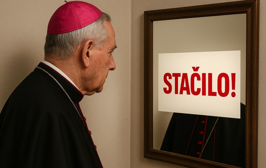 „Ilustrace svatá válka proti Stačilo – biskup se dívá do zrcadla, kde se odráží nápis Stačilo!