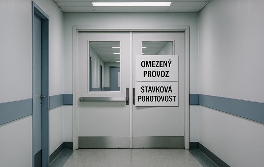 Odbory vyhlásily stávkovou pohotovost – prázdná nemocniční chodba a zavřené dveře s cedulí OMEZENÝ PROVOZ