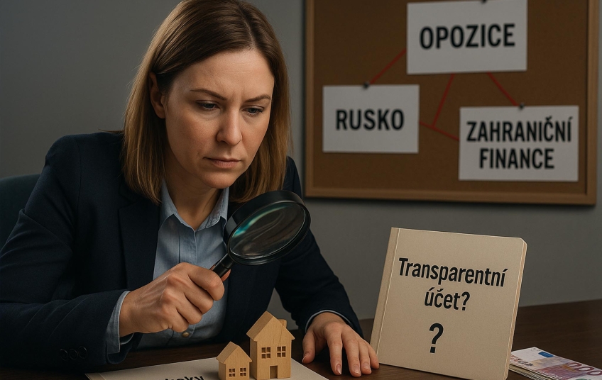 Karolina Brodníčková s lupou zkoumá neziskovky, opozici a zahraniční finance, ilustrační fotorealistický obrázek k článku o jejím útoku na opozici.