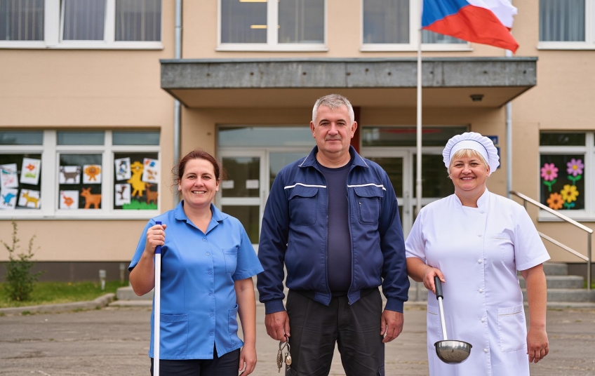 Uklízečka, školník a kuchařka stojí před základní školou s českou vlajkou. Skupina pracovníků veřejné sféry symbolizuje nejhůře placené zaměstnance, za které se odbory ČMKOS postavily při jednání o růstu platů.